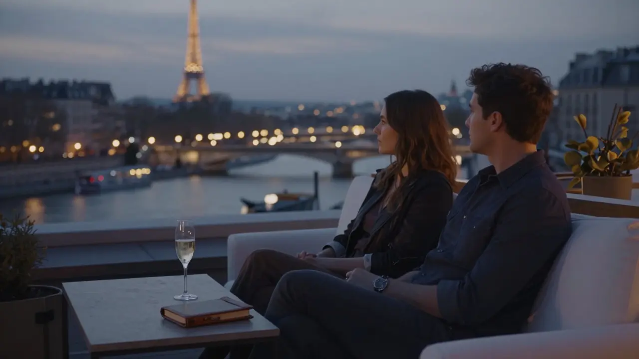 Two people sit in silent companionship on a rooftop lounge at dusk, gazing at the Seine and Eiffel Tower as city lights begin to glow.