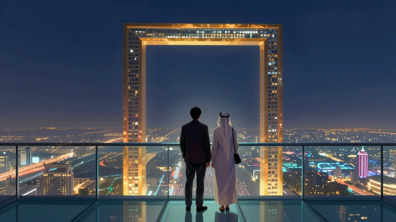 Two people standing silently on the Dubai Frame at night, surrounded by the city's glowing lights.