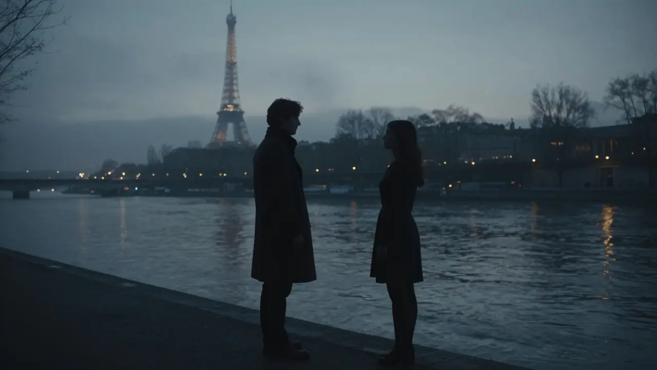 Two silhouettes on a misty riverbank at dusk, sharing a silent, meaningful glance under the distant glow of the Eiffel Tower.