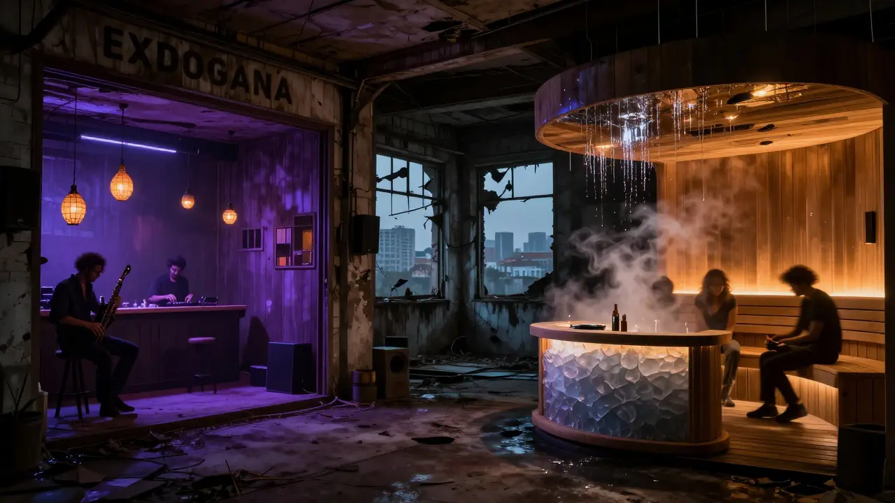 Underground club Ex Dogana with jazz trio, dancing crowd, ice bar, and hanging lanterns in a warehouse.