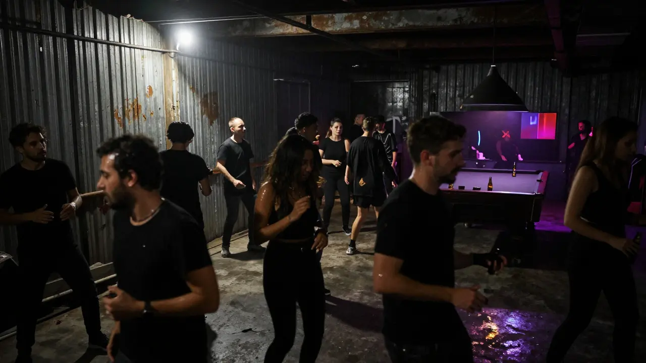 Underground techno rave at Tabakhane with a crowd dancing under industrial lights and metal walls.