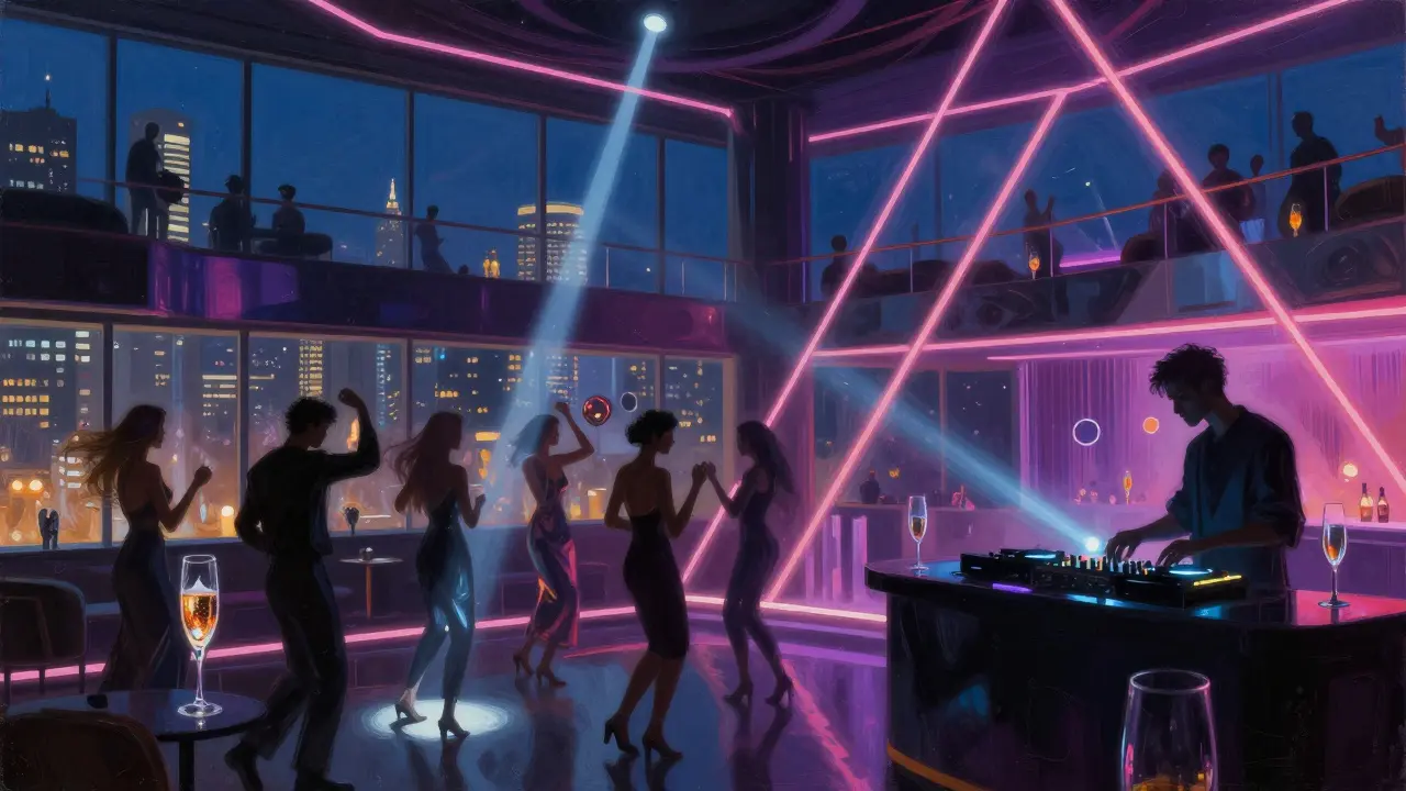 Upscale nightclub in Corso Como with stylish crowd dancing under neon lights and city views.