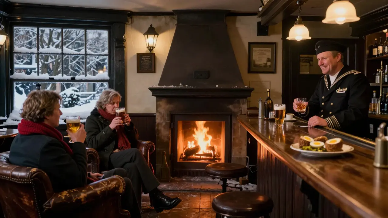 Winter scene at The White Horse pub with fireplace, patrons sipping mulled ale, snow on windows.