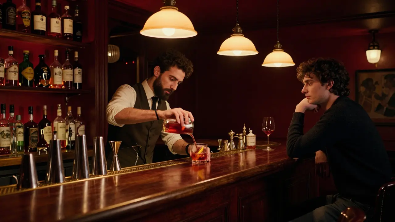 A bartender preparing a Negroni Sbagliato in the intimate, dimly lit Bar Basso.