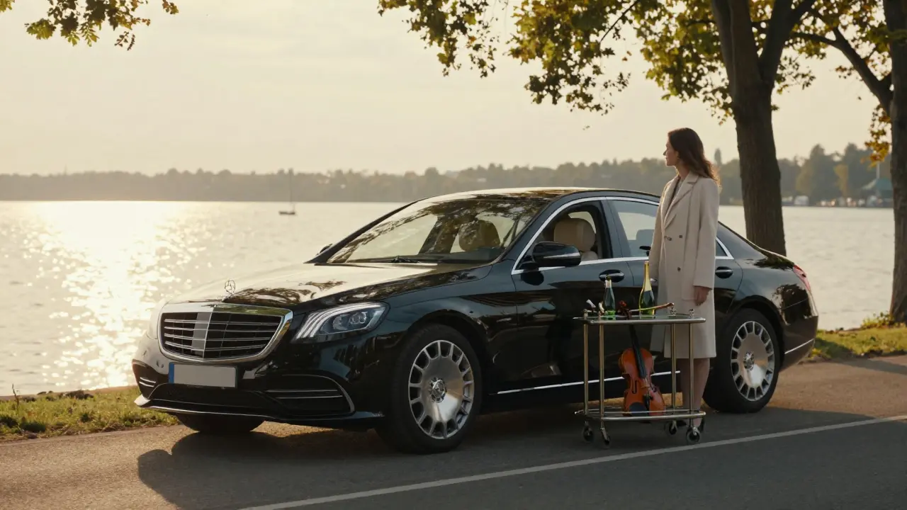A black luxury car driving along a serene lakeshore at sunset, with champagne and violin case inside.