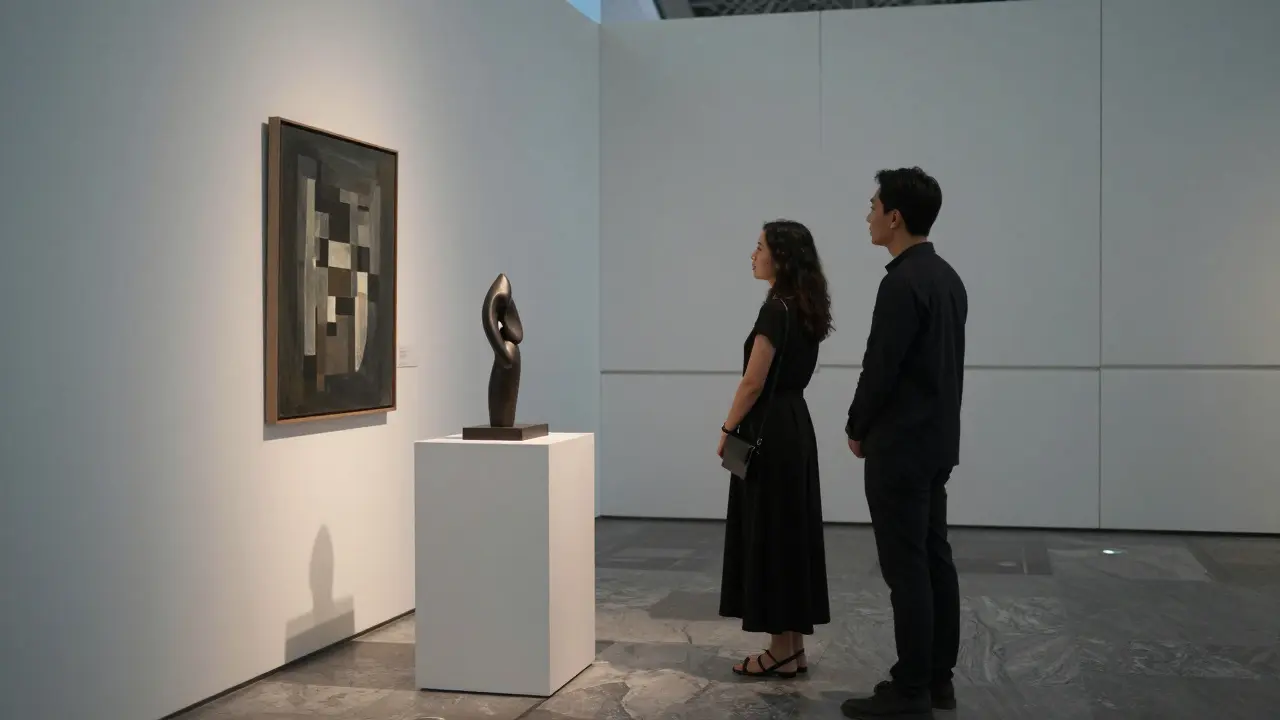 A client and companion viewing art in a quiet gallery at Louvre Abu Dhabi, surrounded by modern sculptures.