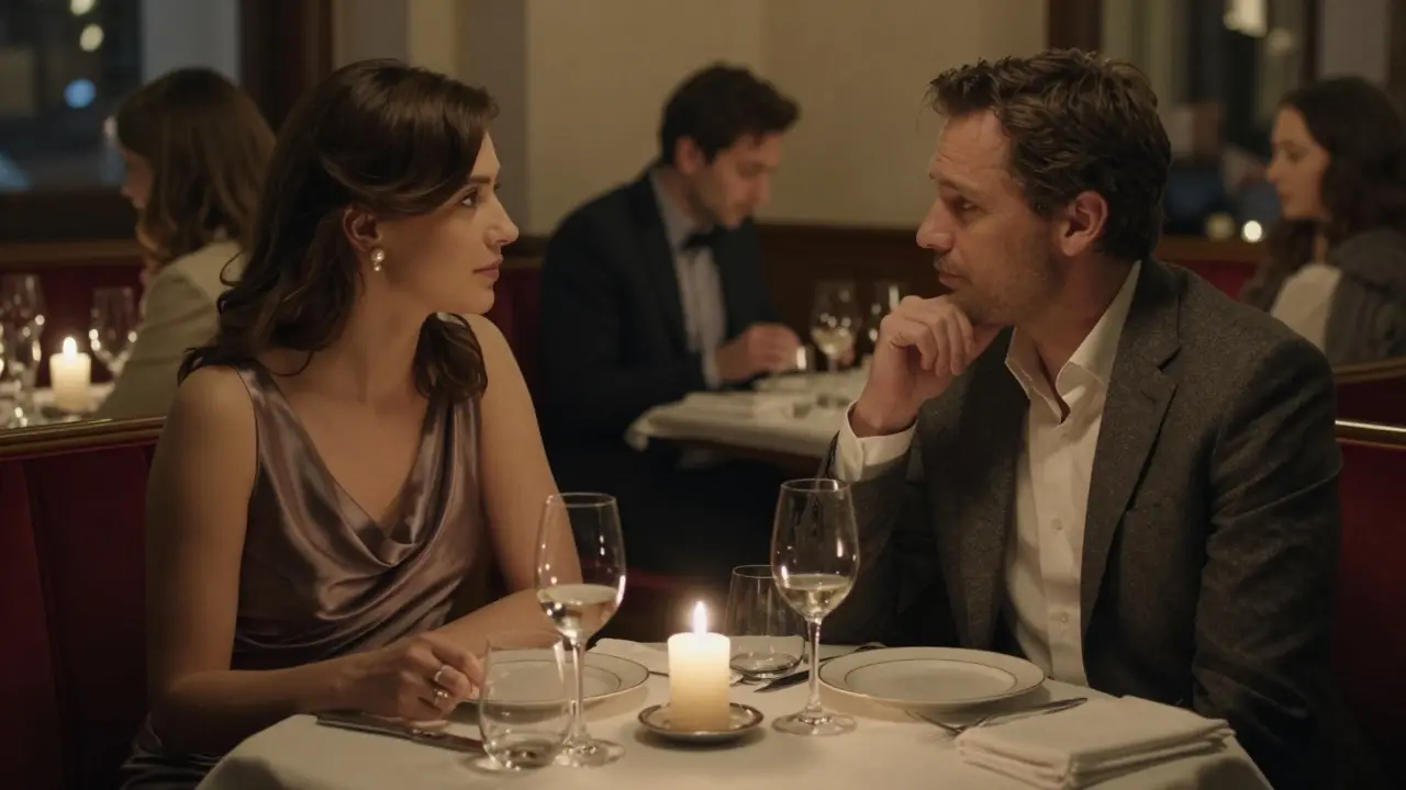 A discreet dinner meeting in a private restaurant booth, candlelight illuminating quiet conversation.