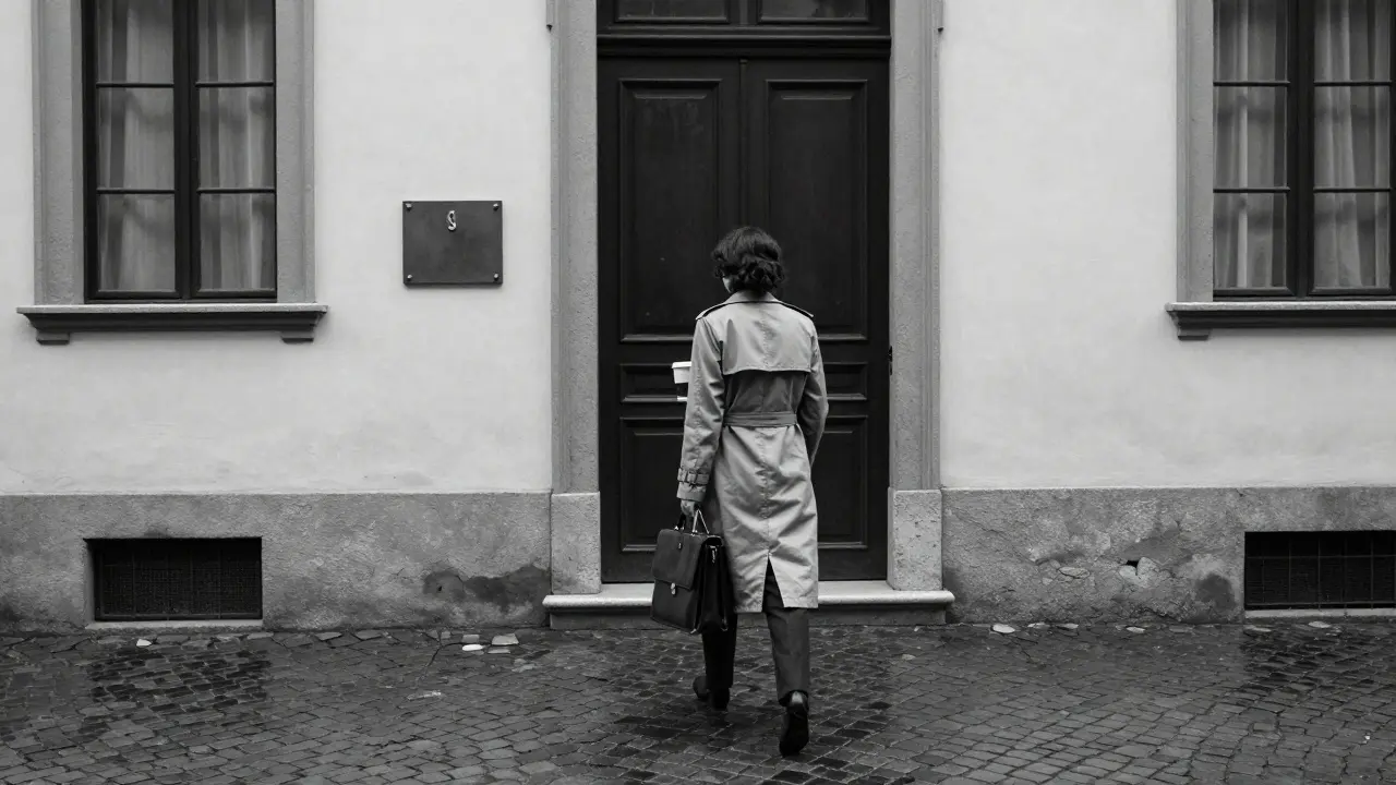A discreet woman leaving a private entrance in Milan’s upscale district, bathed in early morning rain and silence.