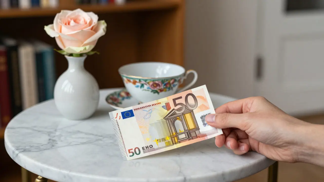 A €50 bill rests beside a teacup and a single rose on a marble table.