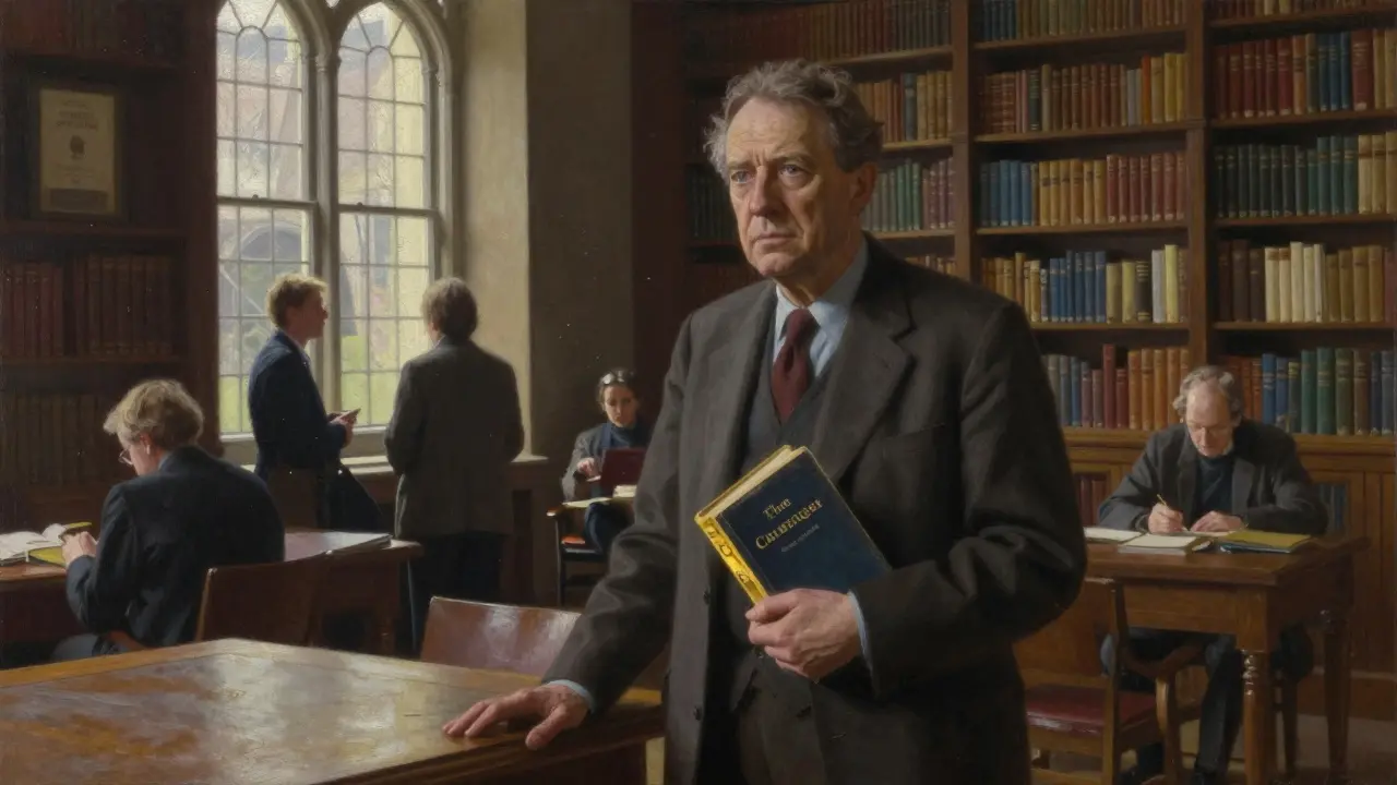 A former academic stands quietly in the British Library, holding a classic book, surrounded by serene natural light.