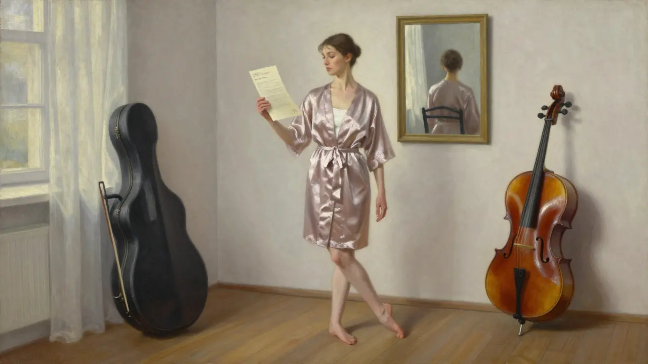 A former ballet dancer holds a consent form in her apartment, a cello nearby, symbolizing emotional professionalism.