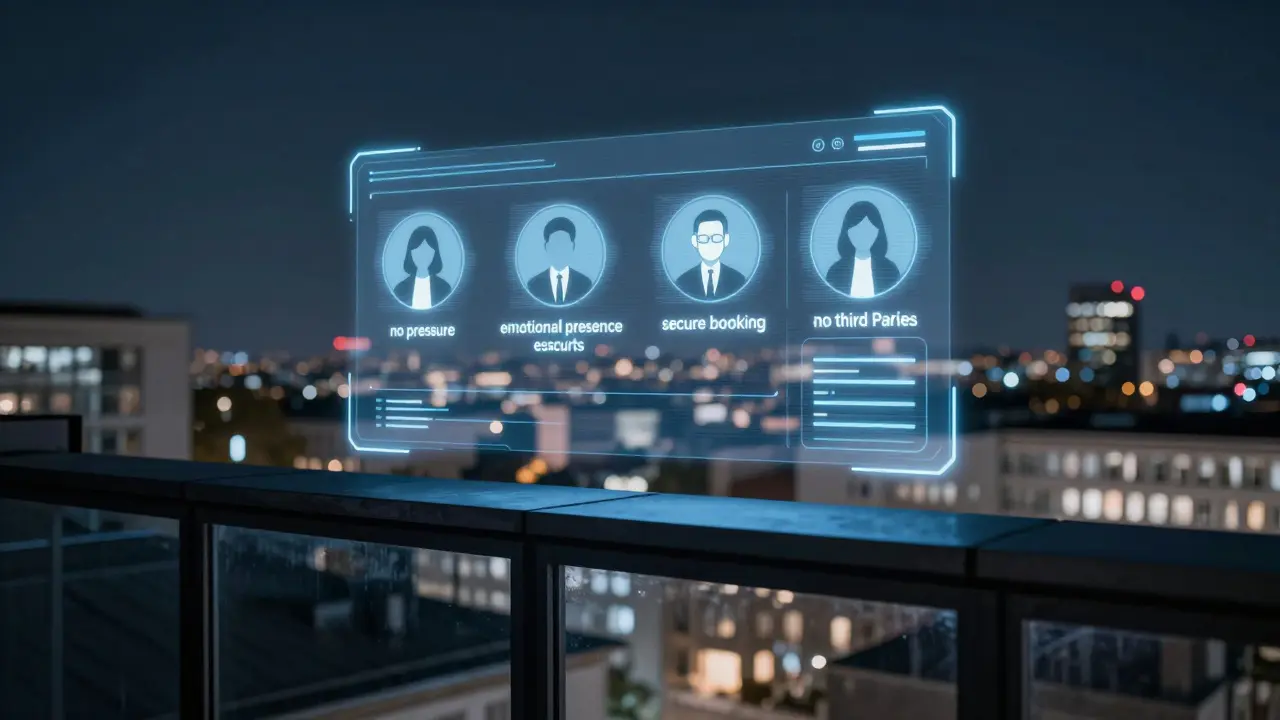 A glowing digital interface with icons for privacy and emotional connection hovers over a Berlin rooftop at night.