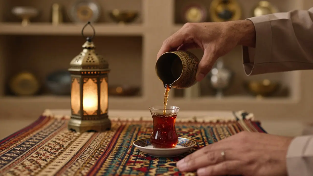 A hand pouring traditional Emirati tea onto a woven carpet in Heritage Village, warm lantern light casting soft shadows.