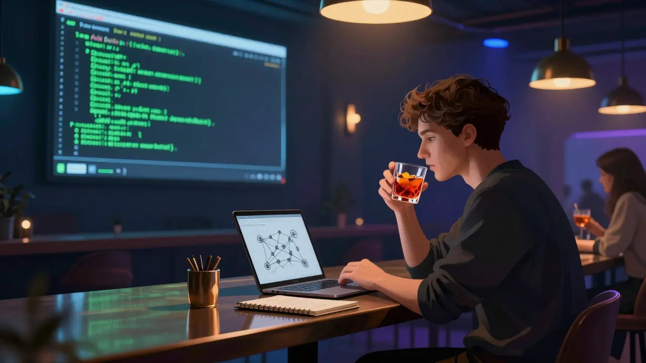 A hybrid workspace-nightclub with live GitHub trends on a screen, someone sketching a neural net beside a tech-themed cocktail.