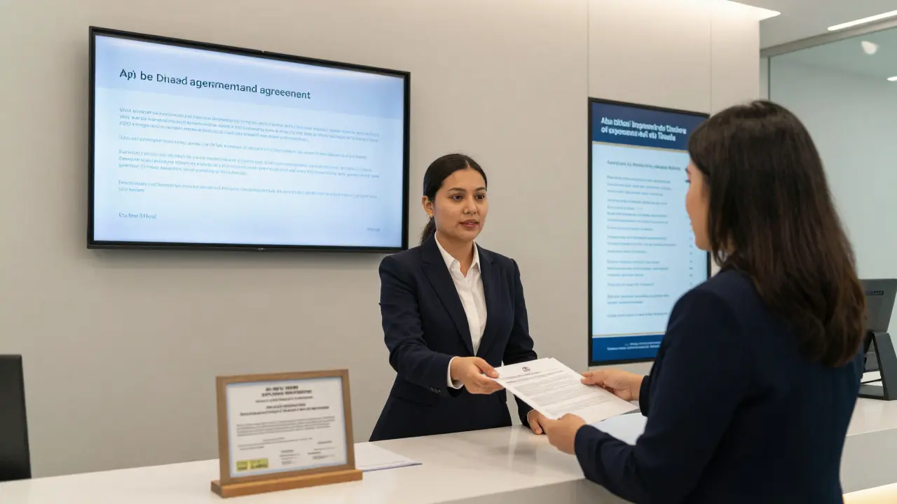 A licensed escort agency office displaying official documentation and a client receiving a service agreement.