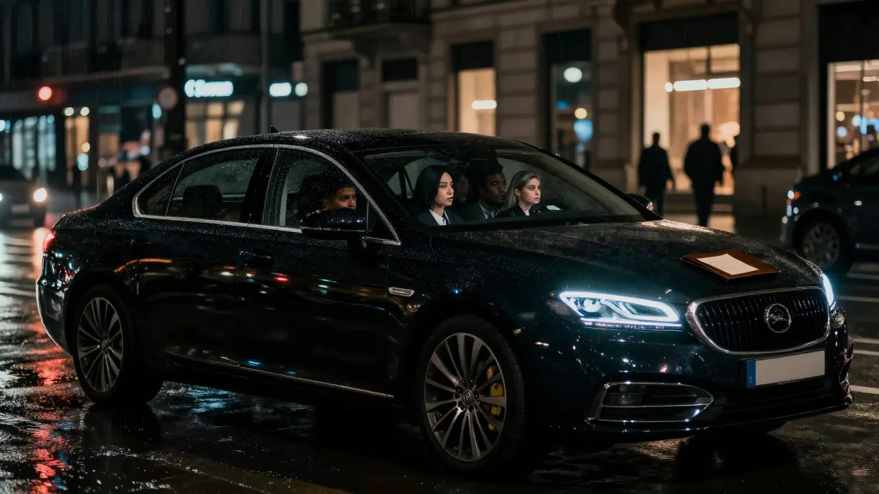 A luxury car driving through rainy Milan at night, windows tinted, reflecting the city’s glowing lights.