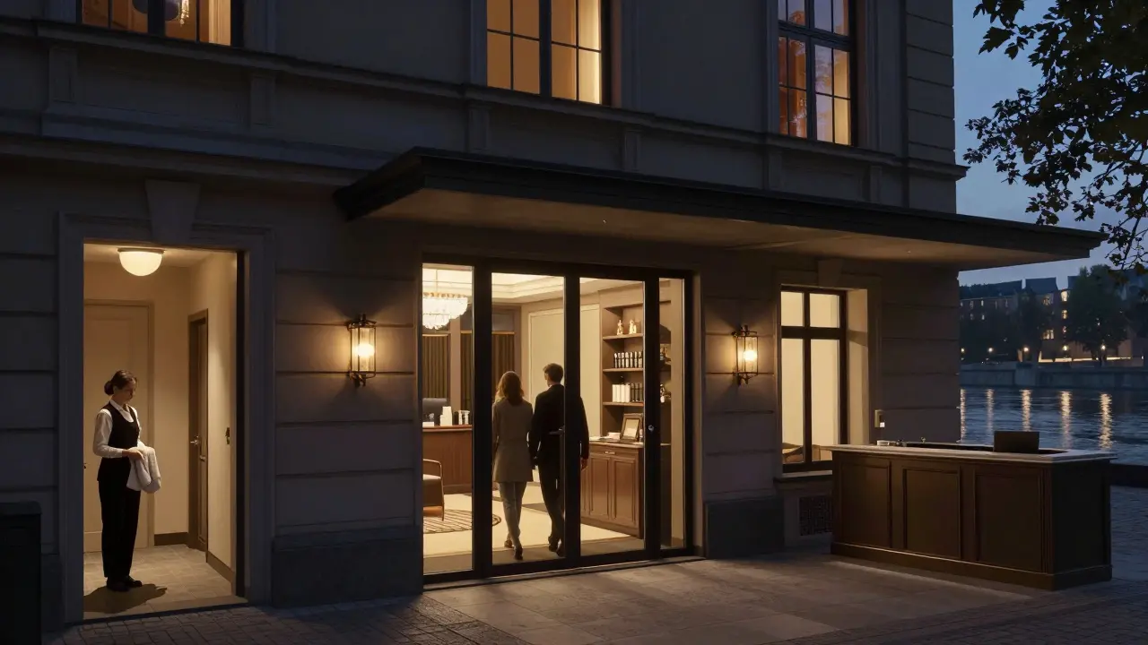 A luxury hotel lobby at night with a couple entering, no front desk staff, soft river reflections.