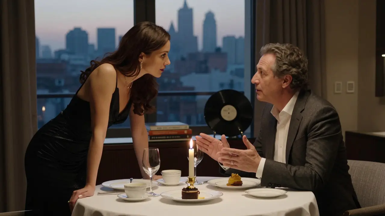 A man and woman share a quiet, intimate dinner in a luxury suite, candlelight reflecting in their eyes as they converse.