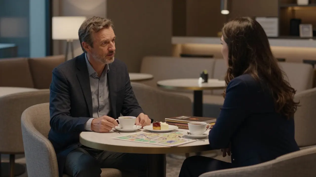 A man and woman share a quiet tea in a hotel lounge, books and a museum map on the table.