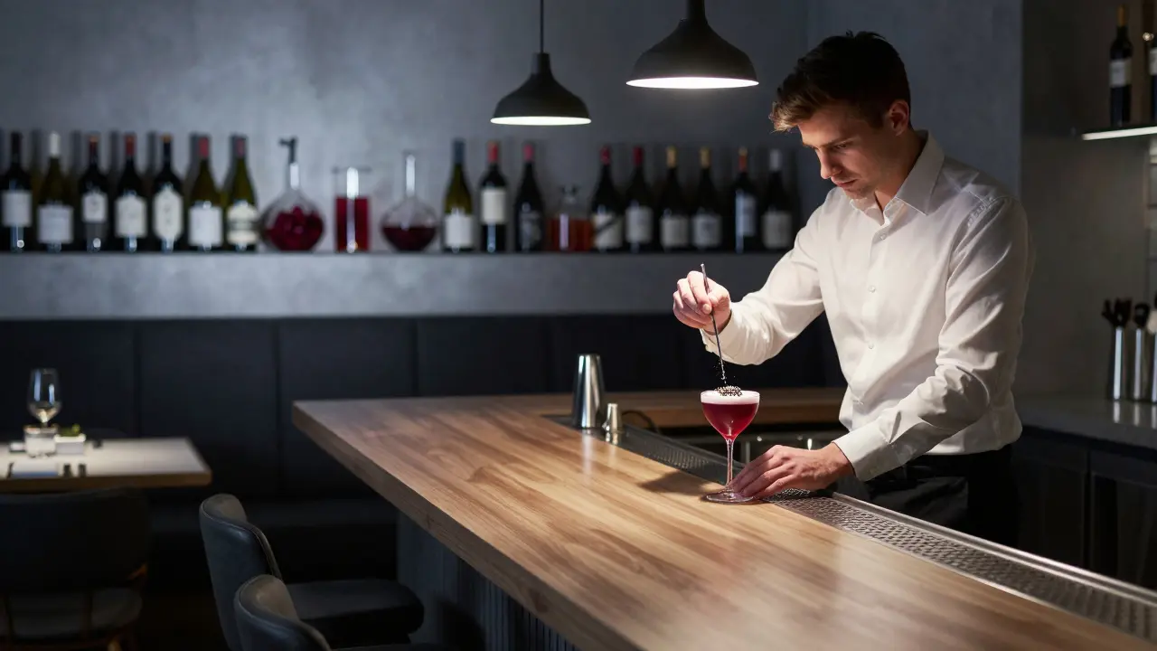 A minimalist bar counter at night with a bartender preparing an experimental cocktail under a single pendant light.
