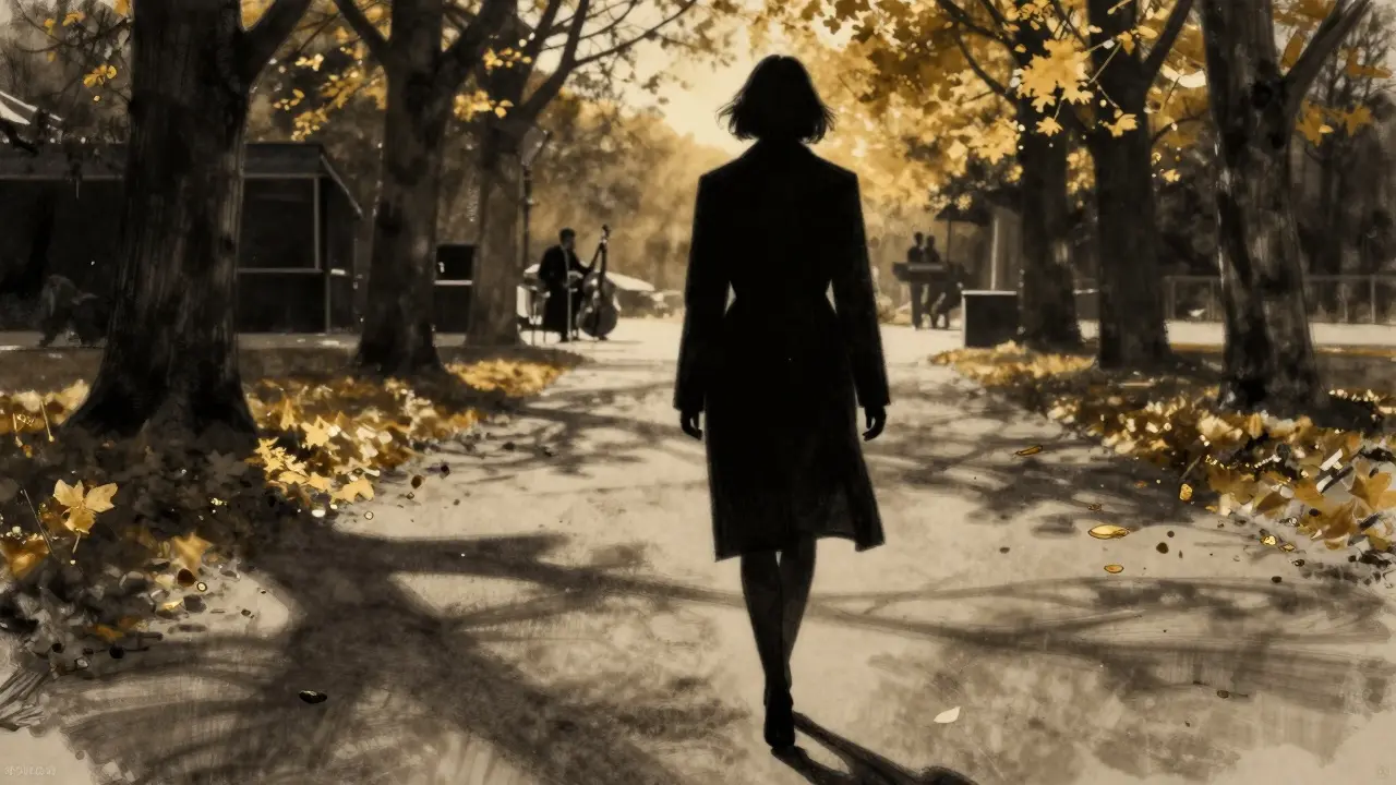 A mysterious woman walking alone through Tiergarten at sunset, silhouette framed by autumn trees and fading light.