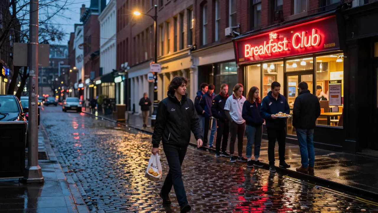 A person walks through Soho at 3 a.m. with takeaway food, passing a busy breakfast spot lit by neon signs.