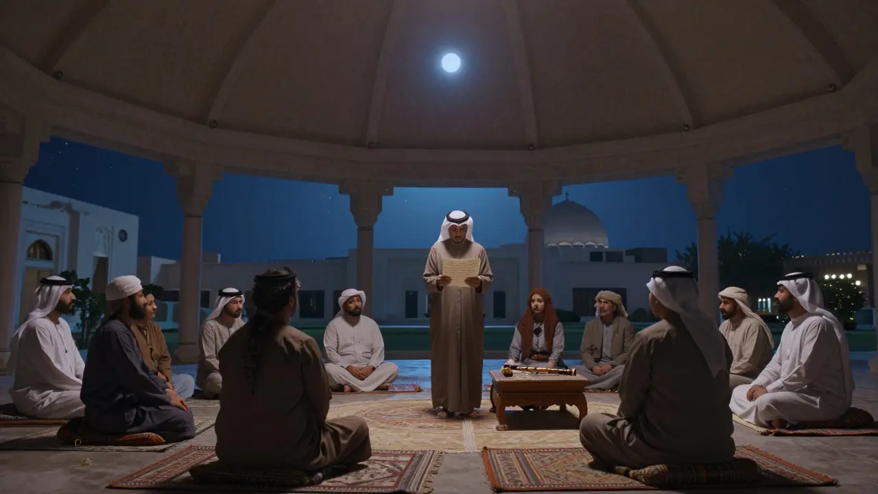 A poet reading under a starlit dome while listeners sit in silent reverence at a cultural event.