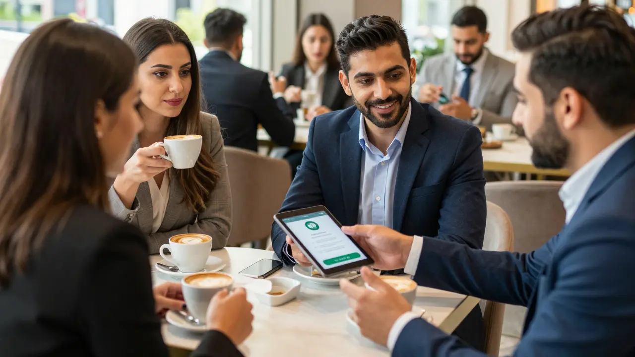 A professional companion being tipped discreetly via digital payment at a high-end Abu Dhabi café.