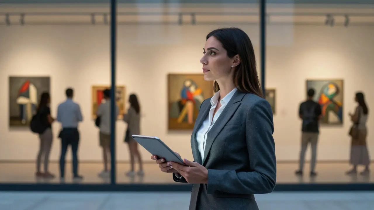 A professional woman outside an art gallery in Abu Dhabi, holding a tablet with a calendar appointment.
