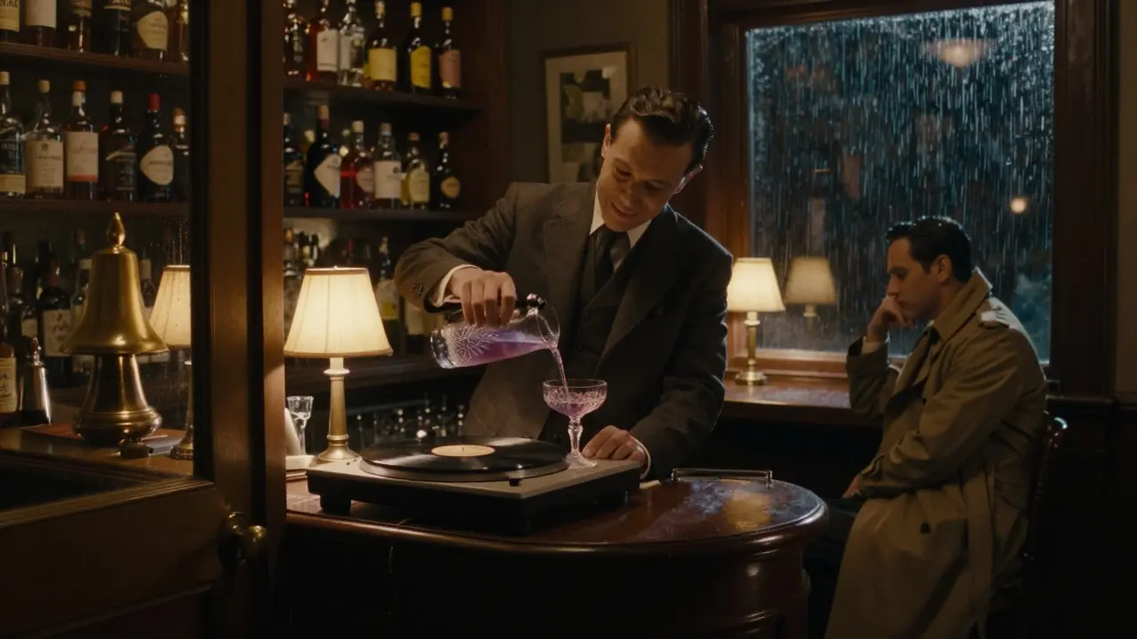 A quiet bar at night with a bartender pouring gin, vintage vinyl spinning, and soft lamplight.