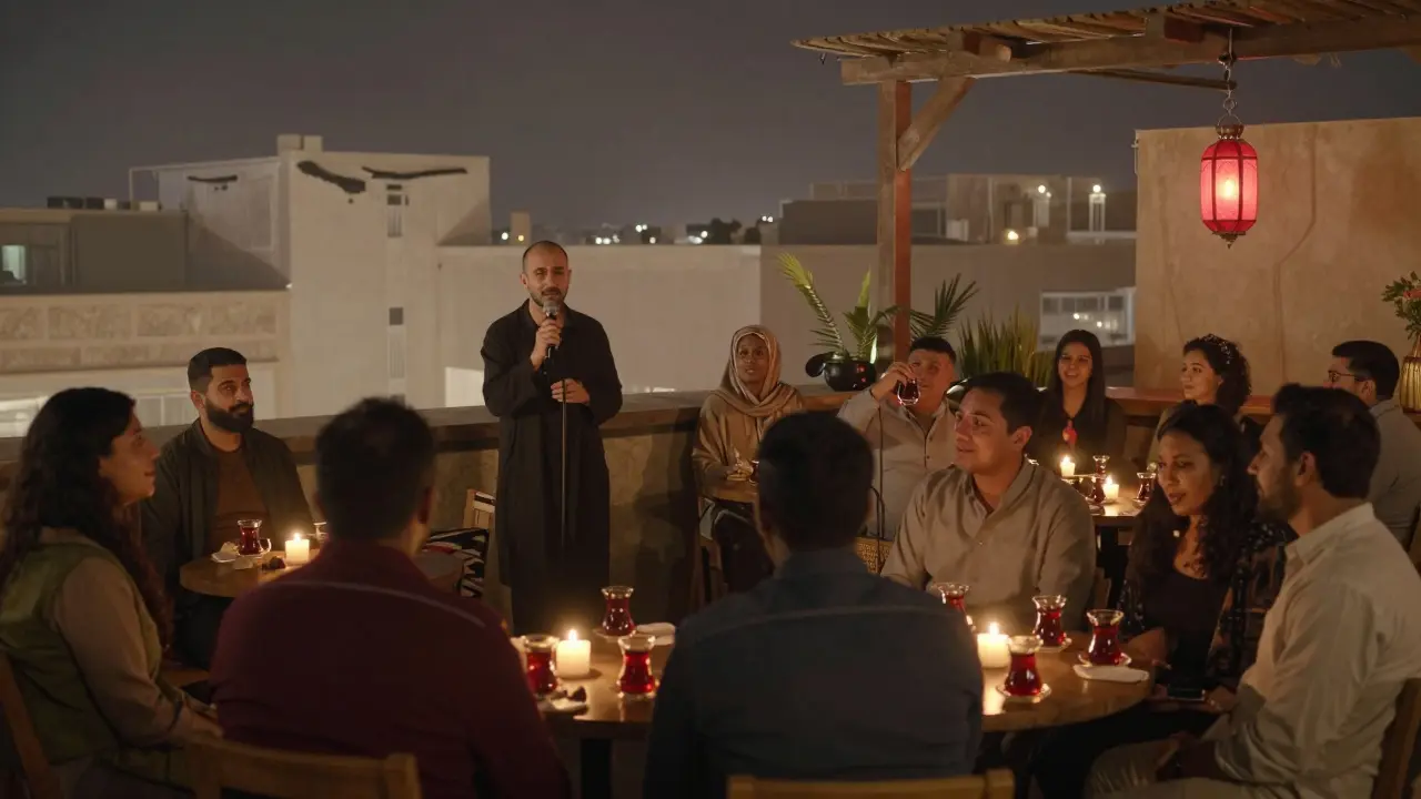 A quiet rooftop bar with a Syrian poet reciting to a multicultural group under soft lantern light.