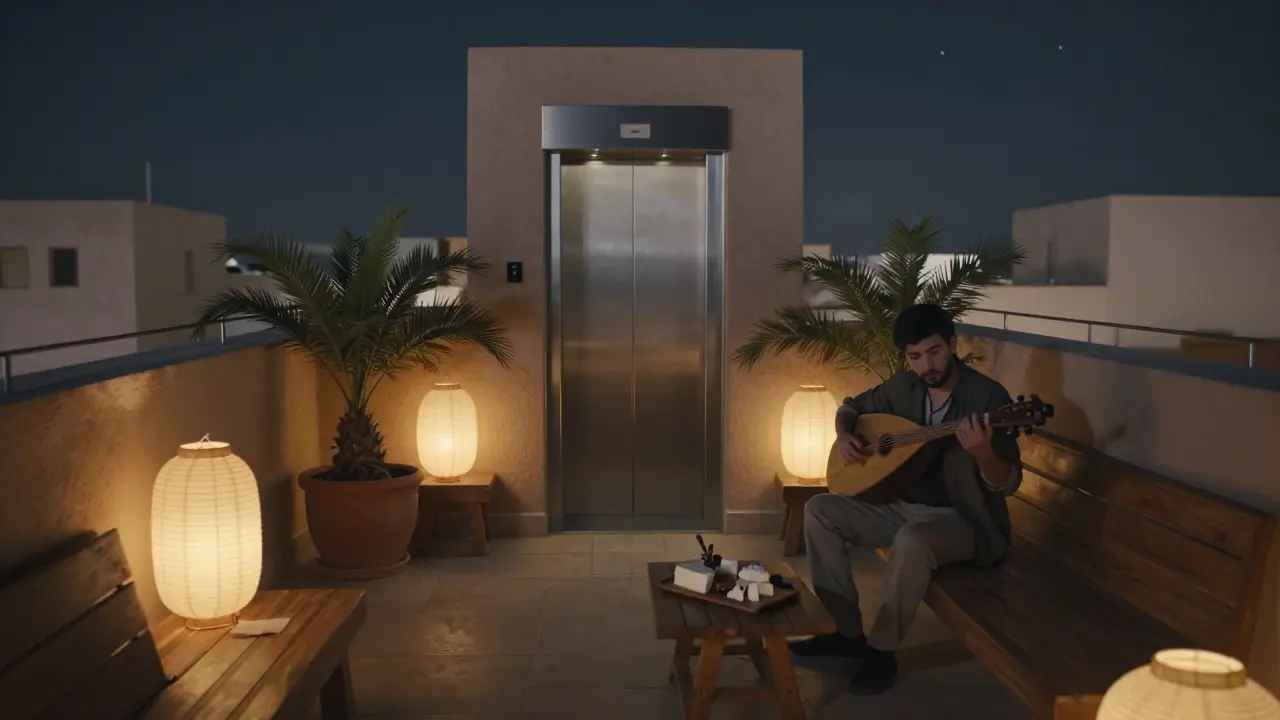 A quiet rooftop garden at night with paper lanterns and a musician playing oud under the stars.