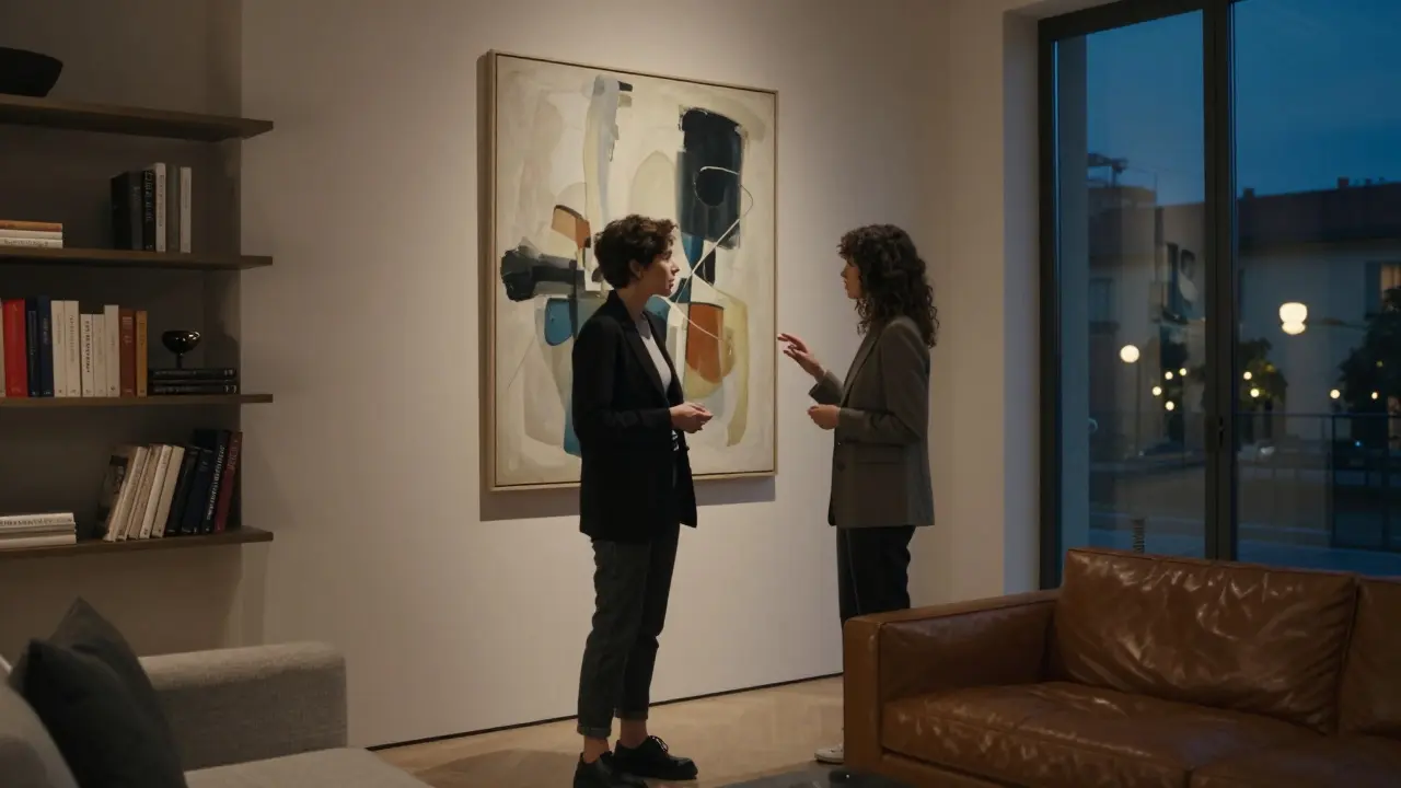 A refined woman discussing art with a client in a minimalist Brera apartment at twilight.