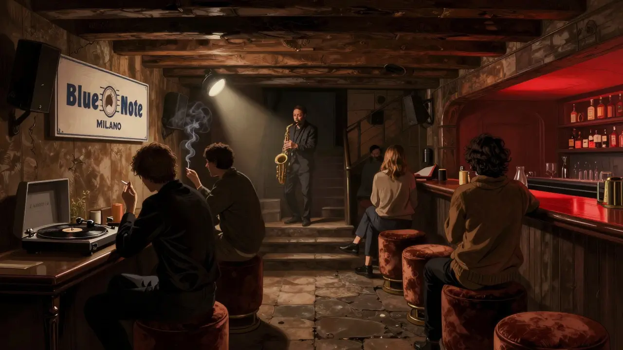 A saxophonist plays in a dim, wood-paneled jazz cellar, patrons seated in quiet reverence under a single spotlight.