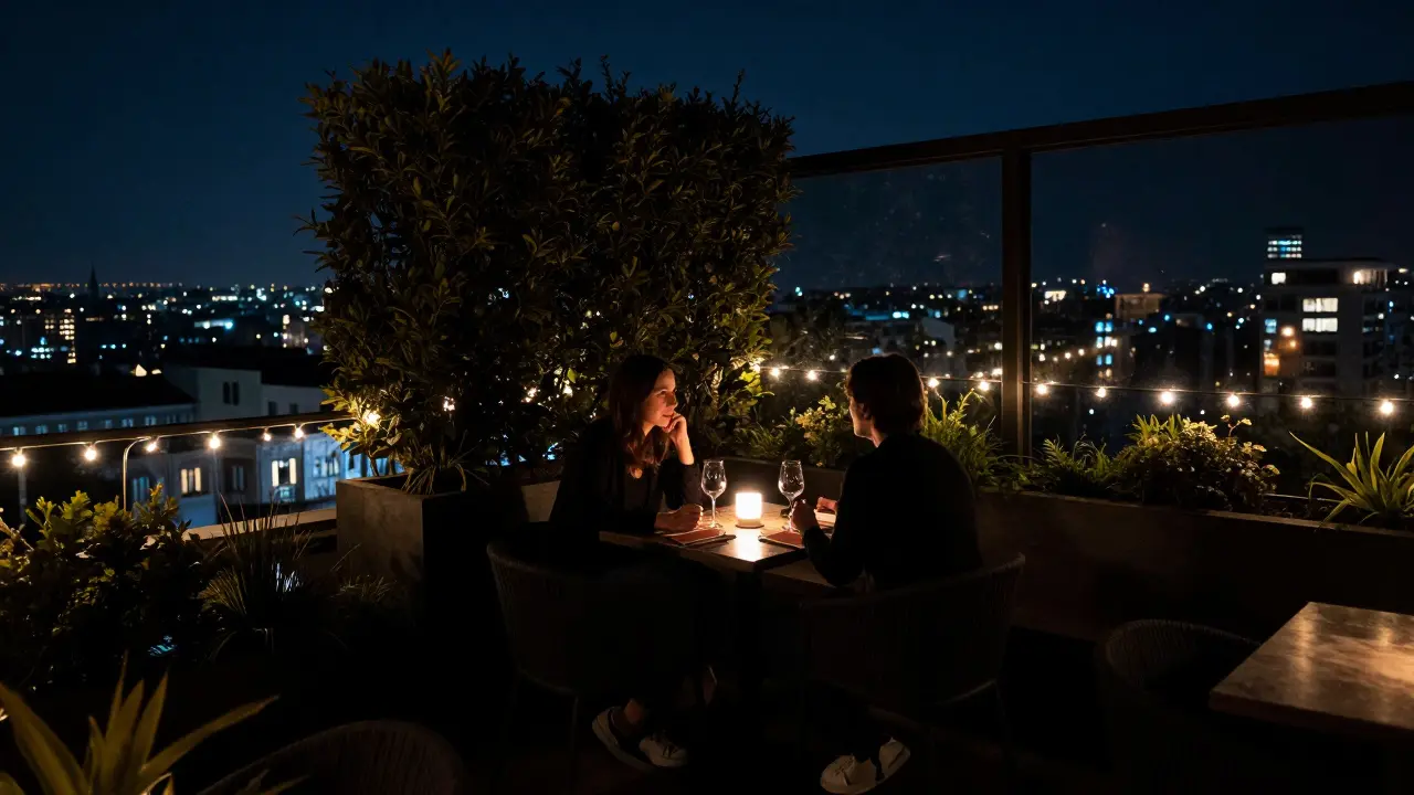 A secluded rooftop bar at midnight, two guests in shadow, city lights blurred behind hedges.