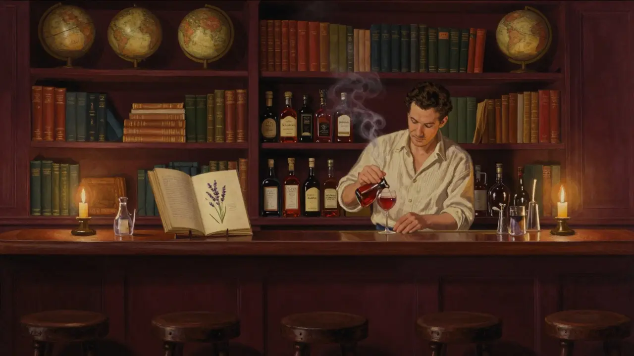 A secret bar hidden behind a bookshelf, bartender crafting a drink under soft candlelight among vintage books.