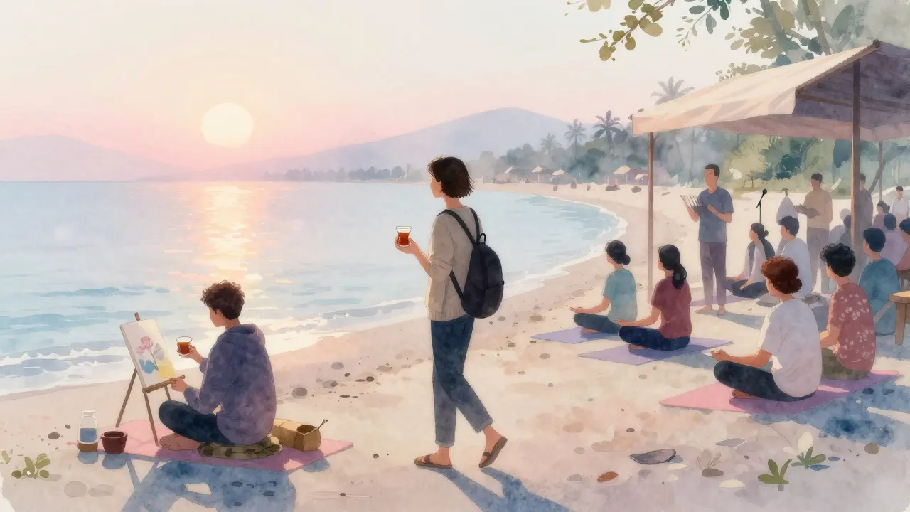 A solitary expat walks along the Corniche at sunrise, holding tea as artists and locals gather nearby.