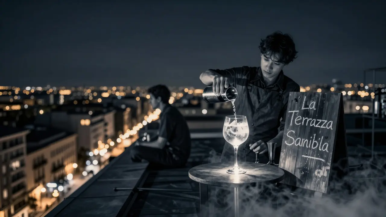 A solitary person on a quiet rooftop terrace overlooking Milan's glowing city lights at midnight.