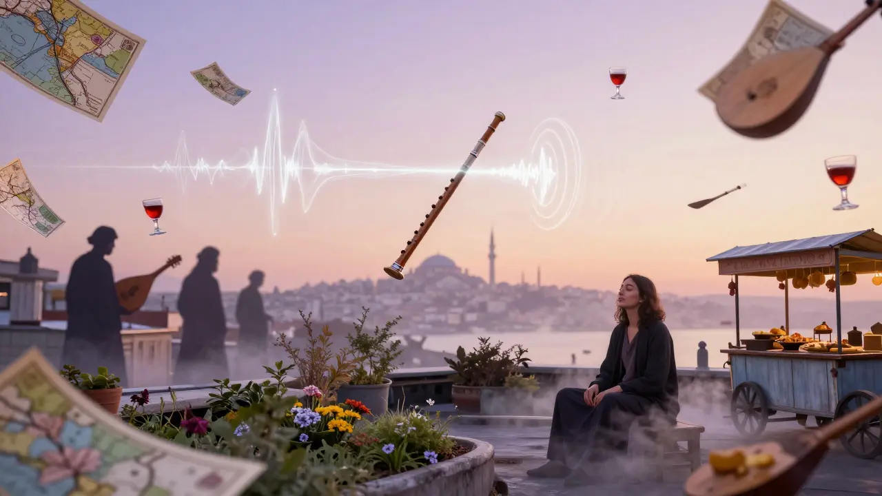 A surreal rooftop garden at dawn where a floating ney flute emits rippling soundwaves through misty air.