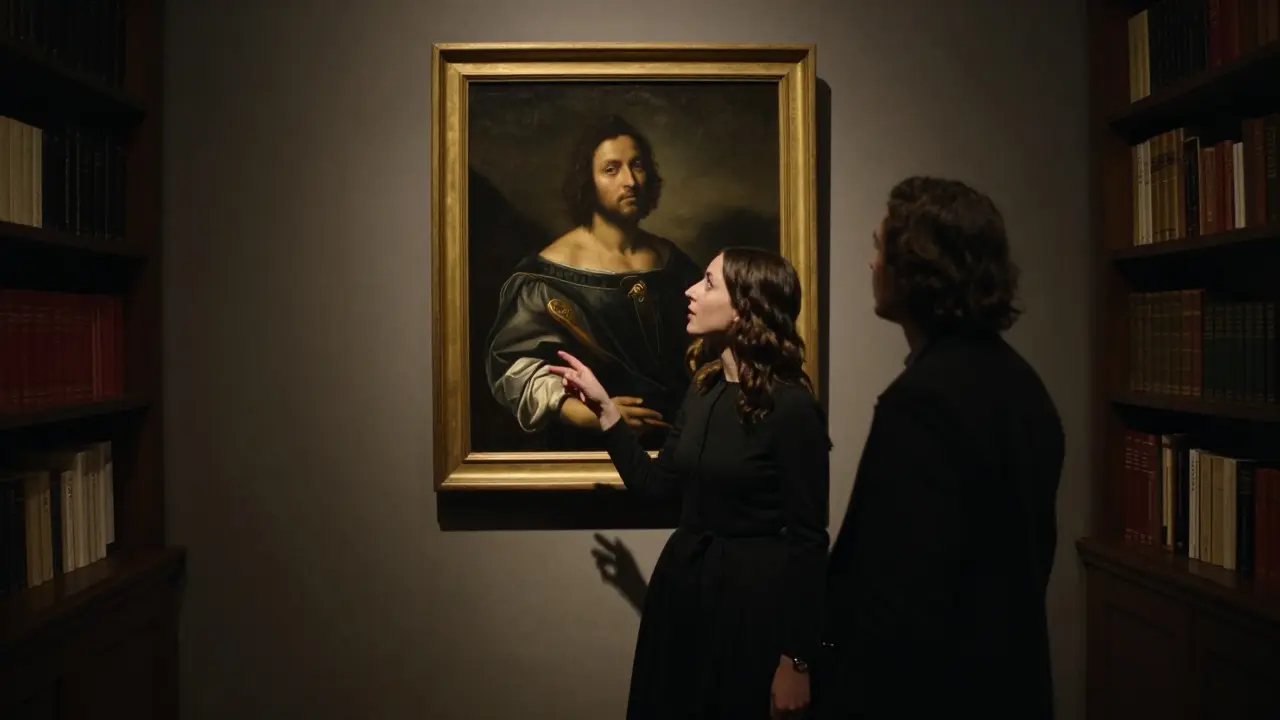 A woman and client viewing a Caravaggio painting in a private gallery, bathed in dramatic spotlight.