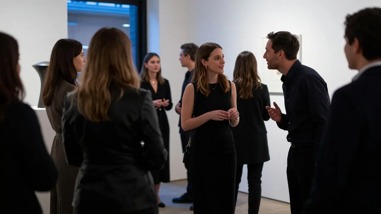 A woman engages in thoughtful conversation at a private art gallery opening, dressed in elegant minimalism.