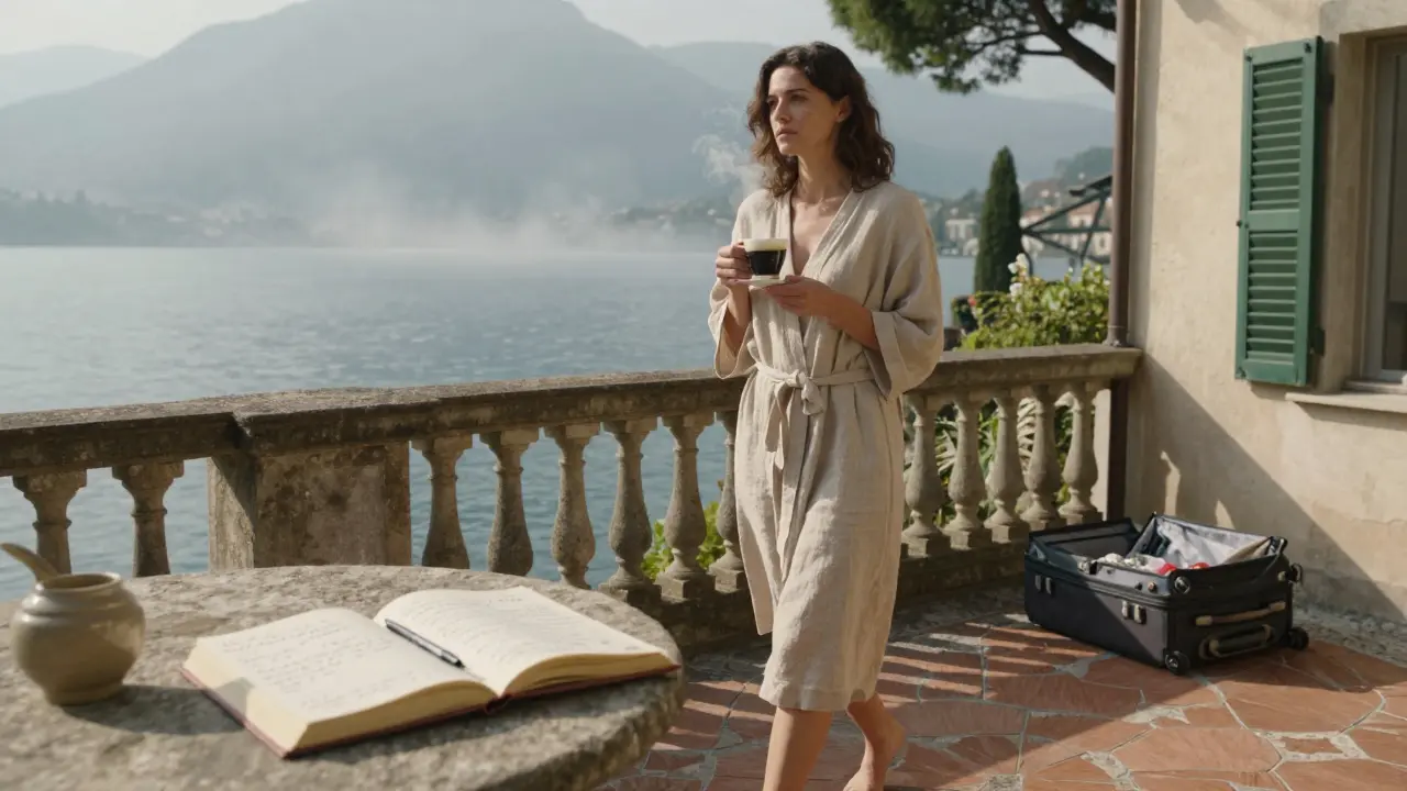 A woman walks alone on a lakeside terrace at dawn, holding coffee, journal open beside her, mist rising over the water.