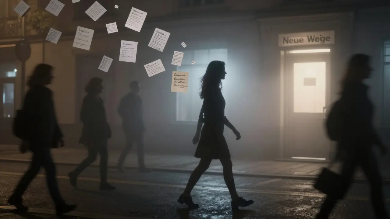 A woman walks through foggy Berlin, surrounded by floating notes of her hidden life, heading toward a glowing support center.