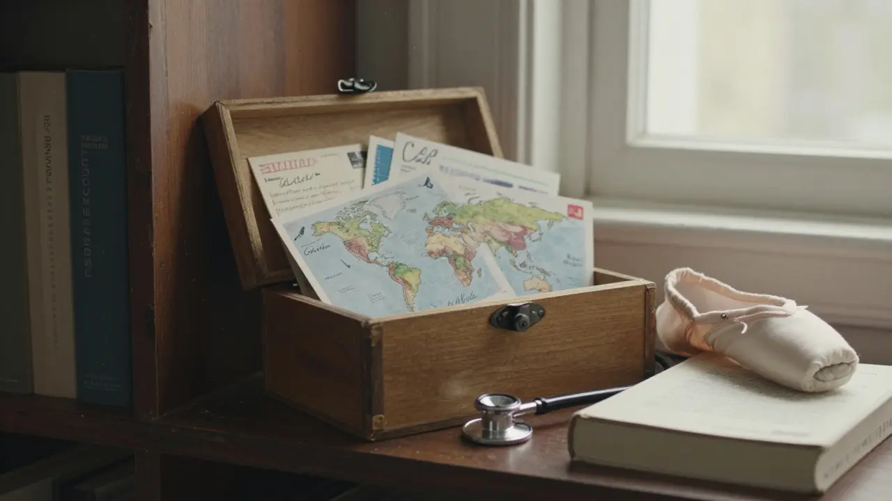 A wooden box filled with postcards from around the world, beside a stethoscope and ballet slipper on a bookshelf.