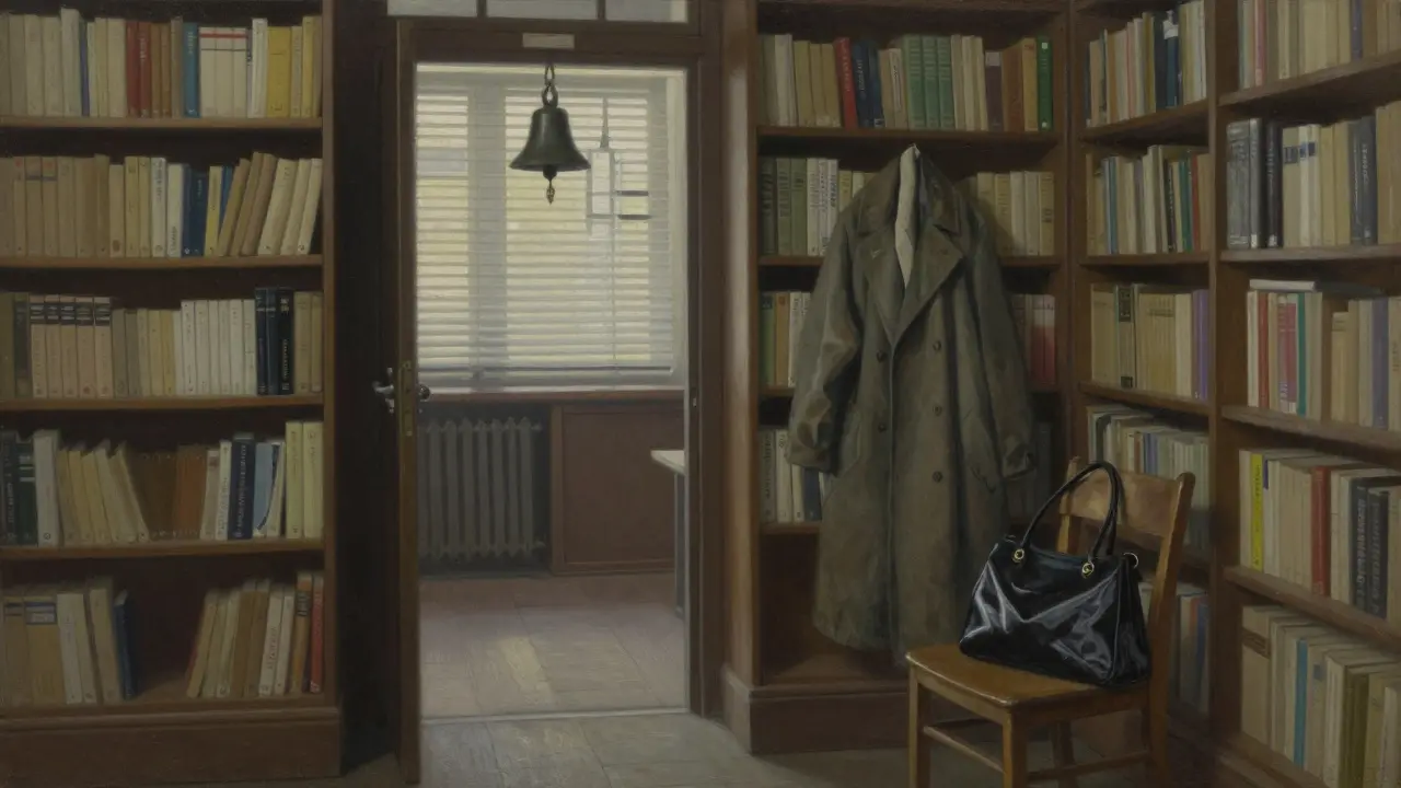 An abandoned bookstore in Kreuzberg with a bell and coat left behind, bathed in morning light.