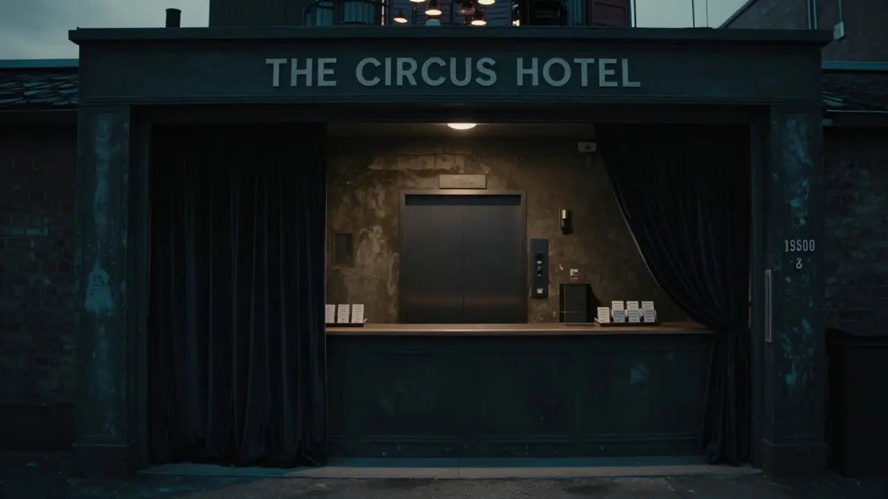 An anonymous hotel entrance with a velvet curtain and numbered keycards, no signage or faces.