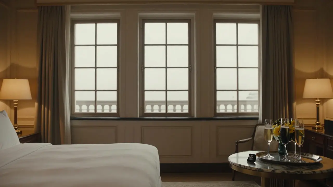 An elegant hotel suite with blackout curtains, champagne on marble, and no decorative excess.