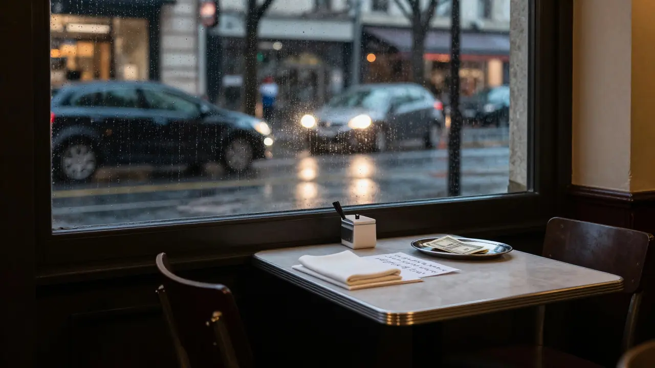 An empty restaurant table with a handwritten note and cash under soft lamplight.