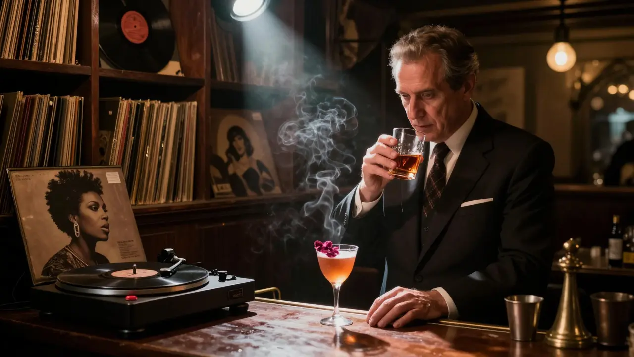 An underground jazz cellar with vintage records and a bartender crafting a custom drink in smoky dim light.