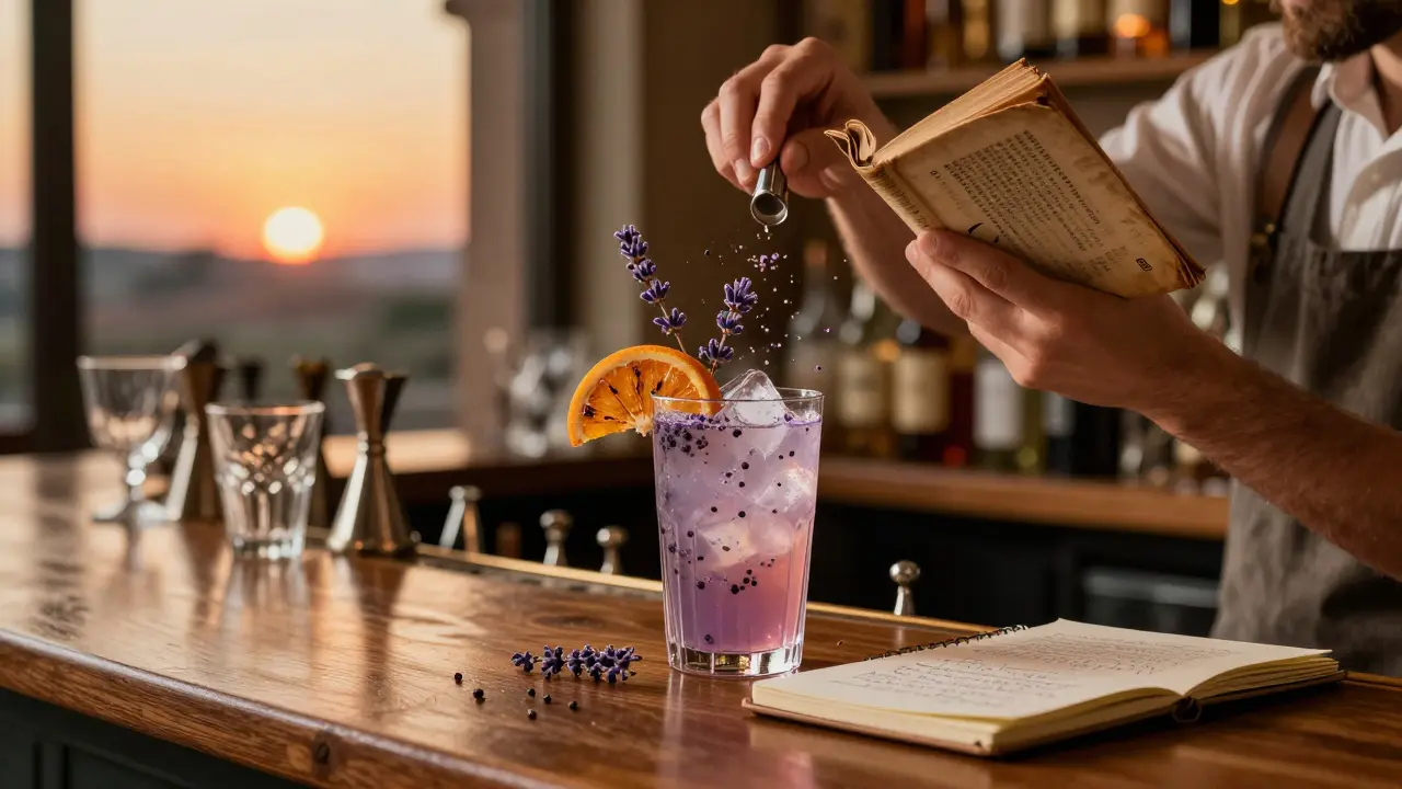 Bartender crafting a bespoke cocktail with aromatic ingredients floating in the air.